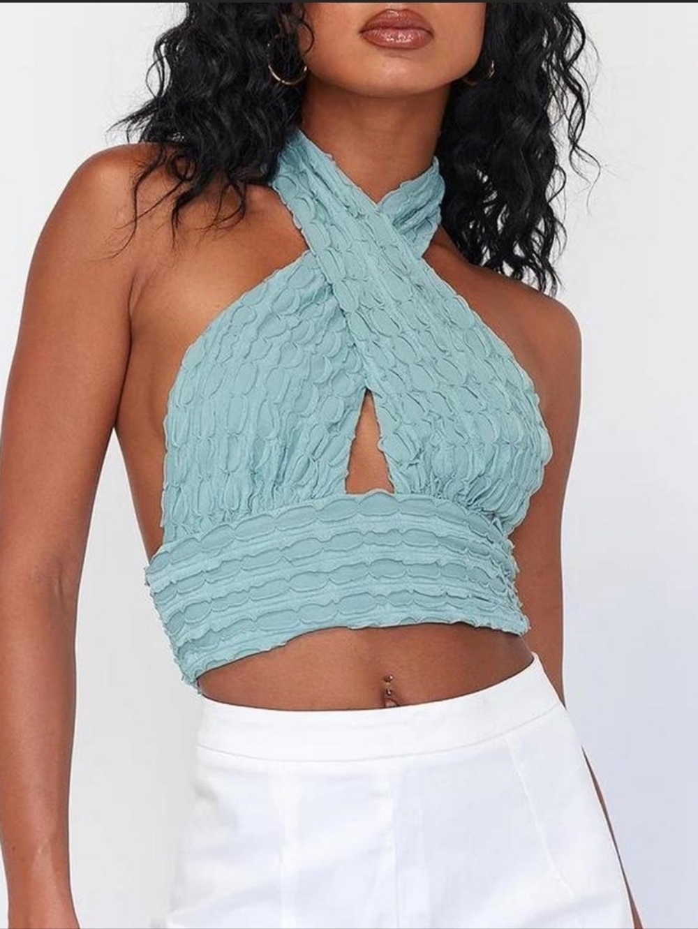 PRINCESS POLLY Ruffled Halter Crop Top Seafoam Blue Size 2